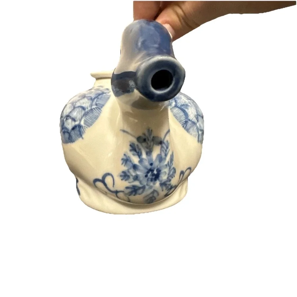 Vintage Chinese Blue & White Porcelain Duck Teapot Hand Painted Wicker Handle
